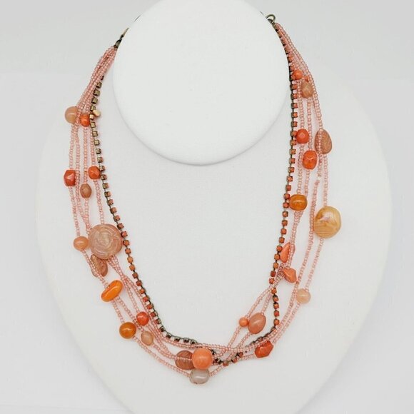 Multi Strand Beaded Choker/Collar Necklace Coral Orange Glass & Seed Beads - Picture 2 of 6